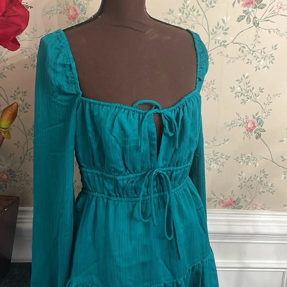 House of Harlow 1960 Teal Long-Sleeve Ruffled Mini Dress - Picture 2 of 7